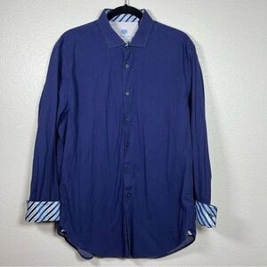 Michelsons London‎ Navy Mens Large Cotton Stretch Shirt Polka Dot Slim Fit Cuffs